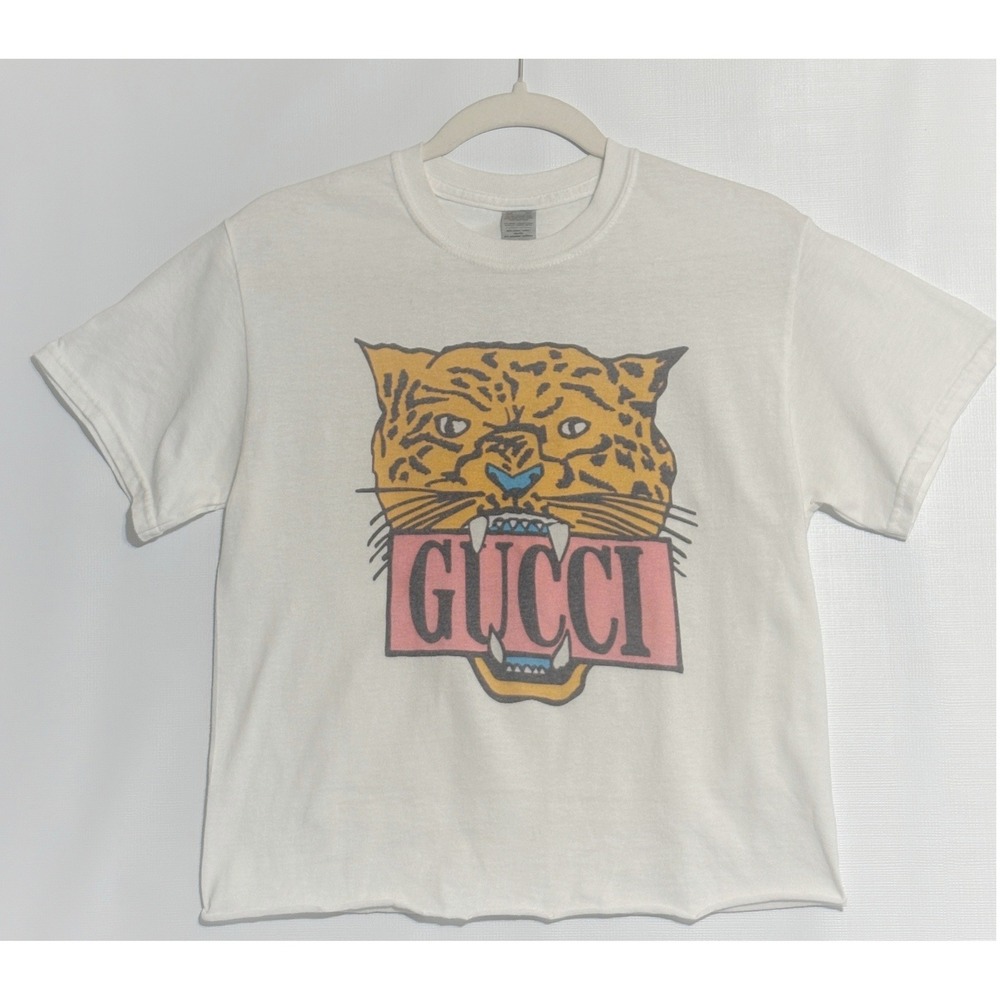 Designer Inspired Graphic T-Shirt White Leopard Logo Raw Hem Crop Top Small
